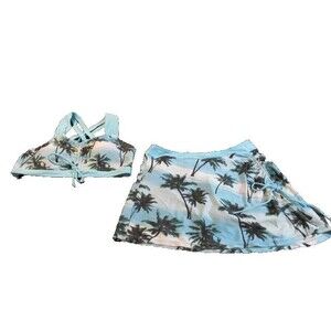 Women’s 2‑Piece Swim Set Large Blue Palm Tree Racerback Top Padded Skort Bottoms